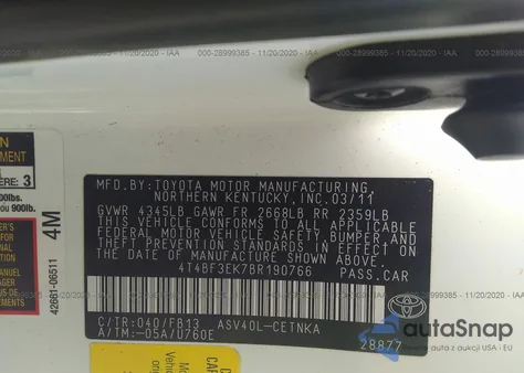 2011 Toyota Camry Le из США, поврежденный, VIN 4T4BF3EK7BR190766